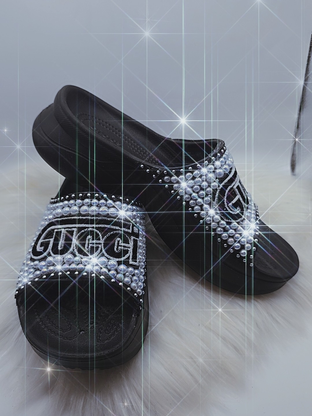 CROCS Black Pearl & Crystal Embellished Slide Slippers